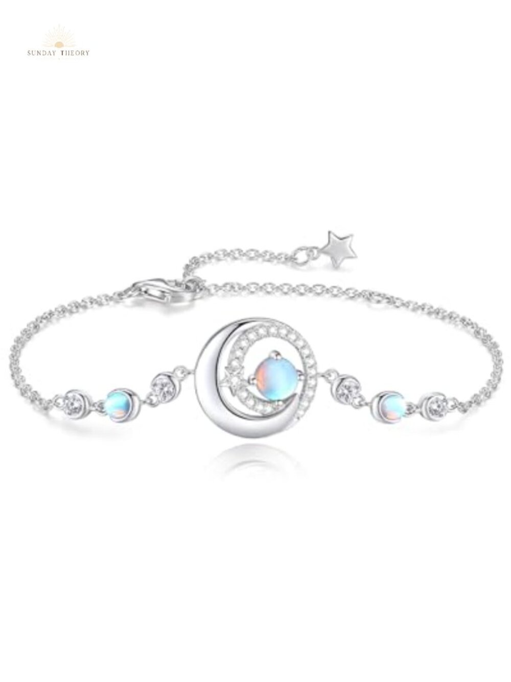 Sterling Silver Moon & Star Bracelet with Birthstone, Lobster Claw Clasp, Fine